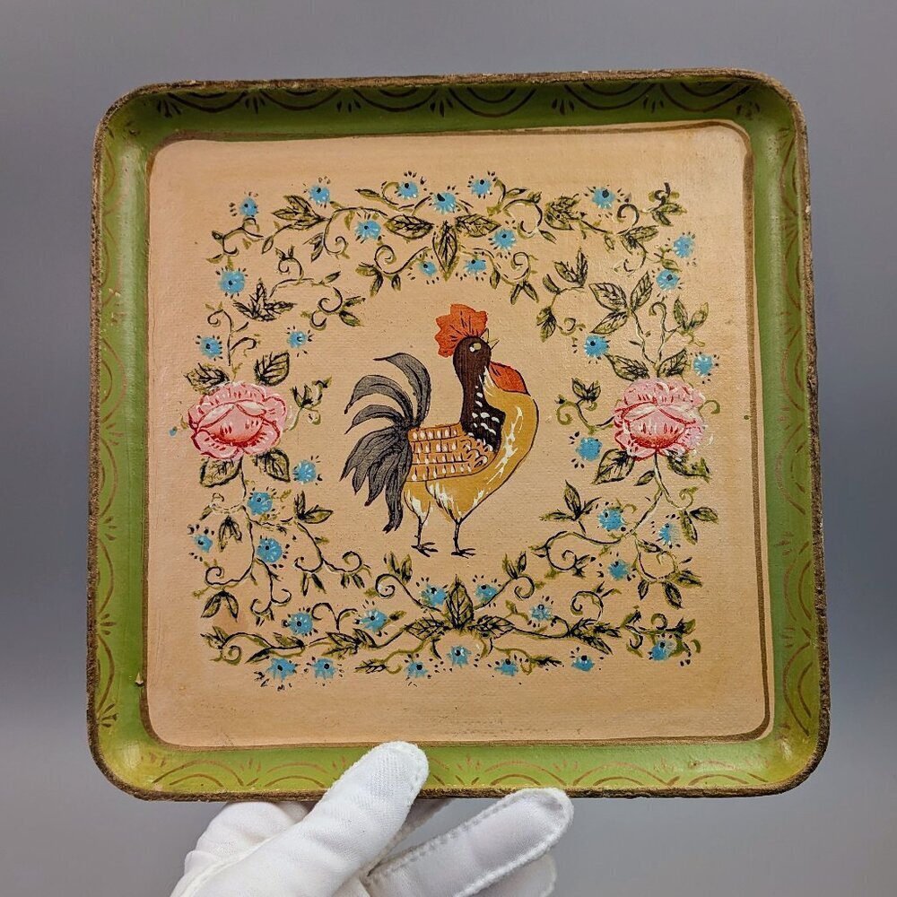 Vintage Rooster Floral Trays: Hand-Painted Papier-Mâché Country Decor (Set of Tw - Picture 7 of 7